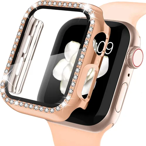 Vista 9 de Recoppa funda para Apple Watch con protector de pantalla con cristales brillantes y diamantes de imitación, ultrafina, funda con protección Negro