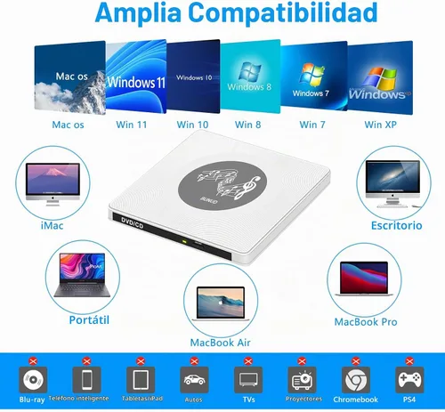 Vista 7 de BUNUD Unidad externa ultra delgada de CD y DVD, Plug & Play para portátil