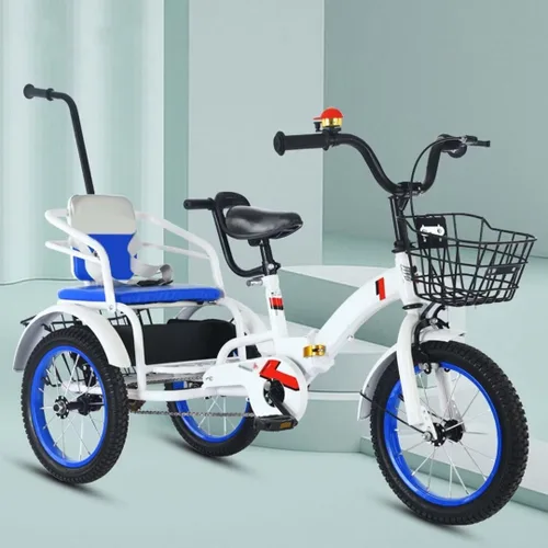 Vista 11 de Triciciclos plegables para niños con mango parental, triciclos tándem de 3 a 10 años con asiento trasero del pasajero, silla de montar ajustable
