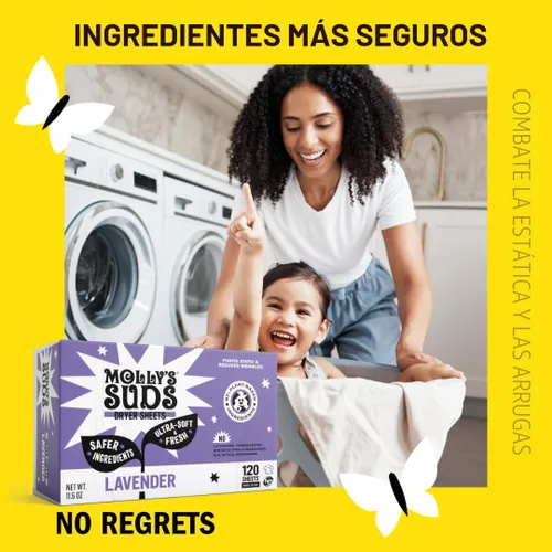 Vista 4 de Hojas suavizantes de secadora para piel sensible de Molly's Suds Reductor de estática a base de plantas, envase sin plástico Lavanda (120 hojas)