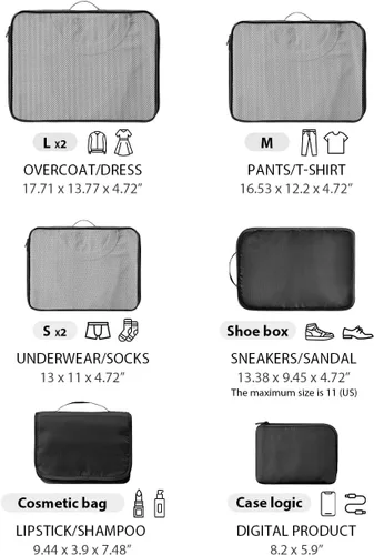 Vista 2 de DIMJ Juego de 8 cubos de equipaje para viaje, juego de bolsas organizadoras de maleta, cubos de viaje ligeros para maleta, organizadores de equipaje