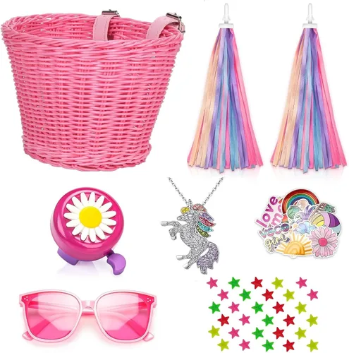 Vista 12 de Cesta de bicicleta para manillar para niñas con collar de unicornio, campana, serpentinas, cuentas de rueda, lentes de sol, calcomanías, juego
