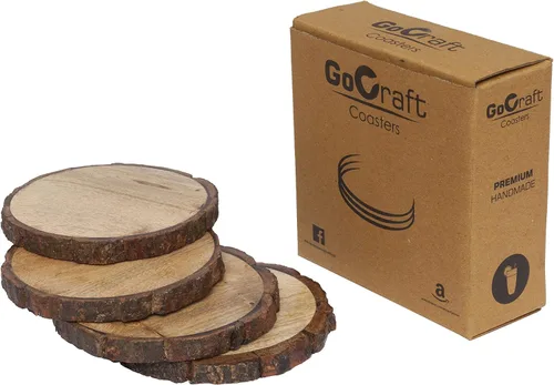 Vista 2 de GoCraft Juego de 4 posavasos de madera natural con corteza de árbol, posavasos de madera de mango para bebidas, bebidas, copas de vino, vasos