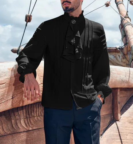 Vista 2 de Runcati Camisas medievales de pirata para hombre, con volantes, steampunk, victoriano, cosplay, disfraz gótico renacentista, camisa vikinga