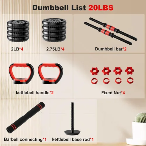 Vista 7 de Juego de mancuernas ajustables, peso libre de 20/30/45/70/90 libras 20LBS(10LB par)