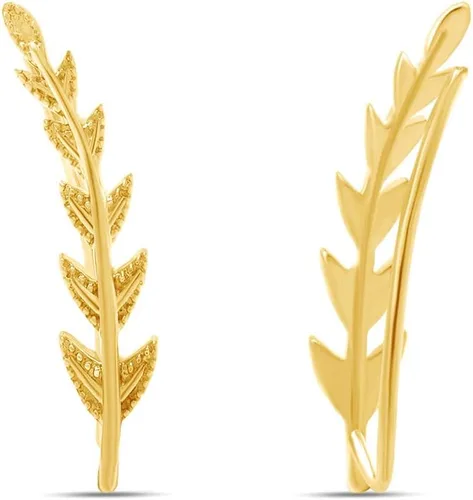 Vista 3 de Aretes de oro de 14 quilates sobre plata de ley para trepar de orejas con hojas de olivo hipoalergénicos