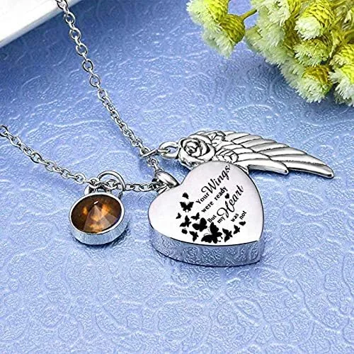 Vista 3 de Collar de urna de corazón para cenizas, joyería de cremación conmemorativa para cenizas, colgante de ala de ángel con 12 piedras natales, tus alas