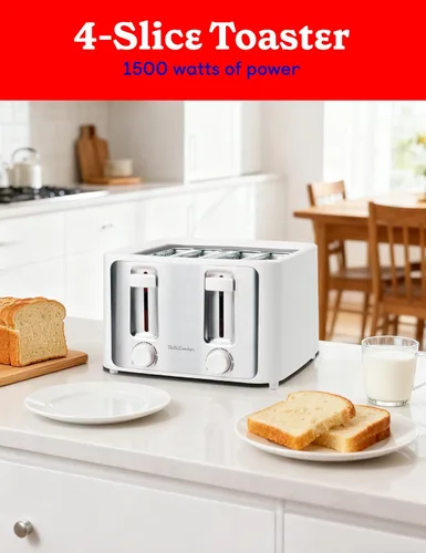 Vista 2 de Betty Crocker Tostadora de 4 rebanadas, 1500 W, diales de control de sombra tostada variable, función de elevación alta, carcasa de tacto fresco