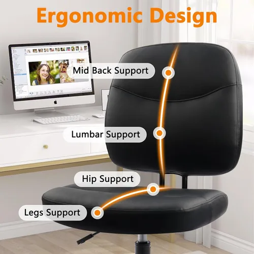 Vista 7 de CLATINA Silla de oficina en casa sin brazos, pequeña silla ergonómica de piel sintética con respaldo bajo con soporte lumbar y ruedas, altura