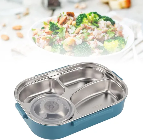 Vista 5 de Yosoo Lonchera de acero inoxidable, caja Bento portátil de 4 rejillas, contenedor de almacenamiento de alimentos para adultos, la tapa contiene Azul