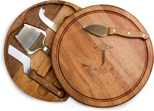 Vista 33 de Tablero de corte para queso Circo personalizado con monograma de iniciales de Toscana y juego de herramientas de acacia