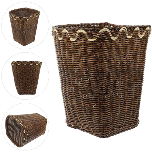 Vista 3 de Cabilock Cesta de basura tejida marrón, ratán sintético, plástico, 7.9 x 8.7 in, tapa abierta