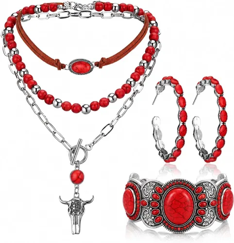 Vista 16 de 3 piezas de joyería boho occidental para mujer, conjunto de joyas de turquesa, aretes vintage, pulsera, collar bohemio occidental para mujer Negro