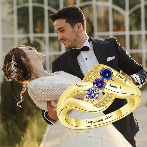 Vista 2 de Anillo de piedras natales personalizadas de oro de 10 quilates, 14 quilates y 18 quilates con nombres, anillos de promesa para parejas y mujeres