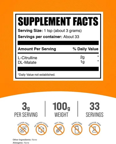 Vista 2 de l-citrulina dl-malate 2:1 pura en polvo, BulkSupplements, 1
