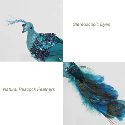 Vista 2 de Adornos de Navidad 2023, plumas de pavo real, pavo real con adorno de purpurina con clip, decoraciones de pájaros falsos para árboles de Navidad