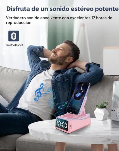 Vista 4 de Regalos de cumpleaños para mujeres, soporte de teléfono con altavoz Bluetooth con sonido y reloj HD, soporte inalámbrico ajustable para teléfono Rosa