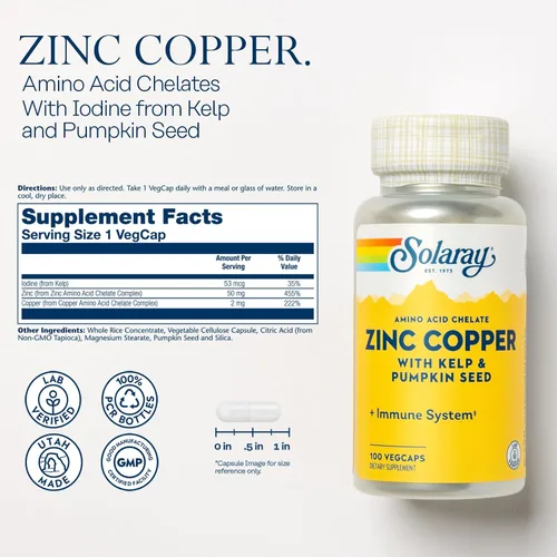 Vista 2 de SOLARAY Quelato de aminoácidos de zinc y cobre, suplemento de apoyo inmunológico con cinc quelado de 50 mg - hueso, piel, salud cardíaca y apoyo