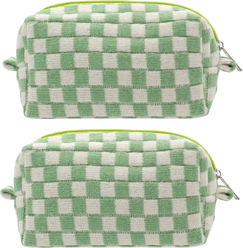 Vista 30 de PAZIMIIK Bolsa de Maquillaje a Cuadros para Bolso Portátil con Cremallera, Estuche Pequeño de Cosméticos para Accesorios de Viaje, Azul Ártico