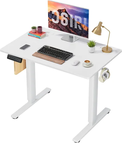 Vista 9 de Escritorio eléctrico de pie de 48 x 24 pulgadas, altura de memoria, ergonómico, de pie a pie, mesa de computadora con 2 ganchos y agujero para Marrón