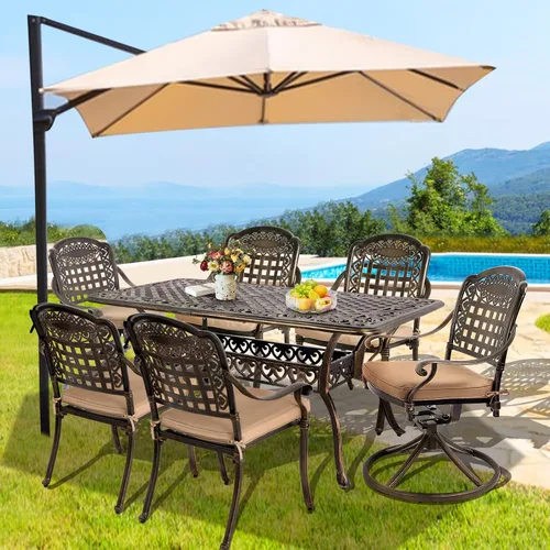 Vista 8 de TITIMO Juego de comedor de 7 piezas de aluminio fundido para patio, muebles de comedor al aire libre, juego de conversación de patio, mesa Silla