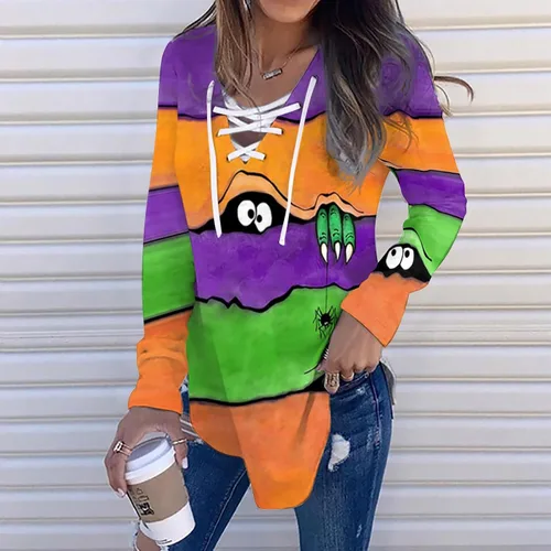 Vista 2 de Camiseta de manga larga con cuello en V para mujer, con estampado de bloques de color, estilo casual, para otoño e invierno