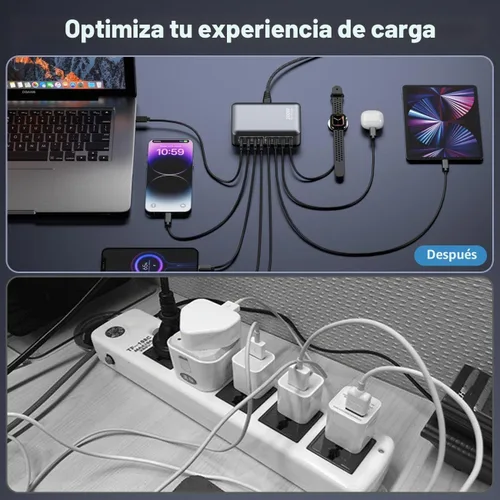 Vista 6 de Cargador USB C de 200 W, estación de carga rápida Gan de 8 puertos, adaptador de carga para laptop PD de 65 W compatible con MacBook Pro/Air, DELL