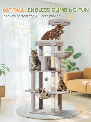 Vista 7 de Taoqimiao MS042W - Árbol para gatos, torre grande para gatos de 66 pulgadas con postes rascadores, lujosa plataforma grande para gatos grandes