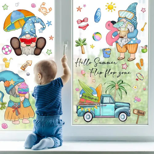 Vista 5 de AnyDesign 109 calcomanías de PVC reutilizables para ventana de verano con diseño de gnomos tropicales de Hello Summer para ventana de camión