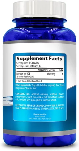 Vista 3 de Vitamina natural extra fuerte berberina HCL 1500 mg 120 cápsulas sin gluten sin OMG