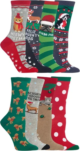 Vista 13 de Hot Sox Calcetines de invierno para mujer, diseño de animales, paquete de 1 par, regalos lindos y divertidos, Navidad y más Christmas Cats (Black)