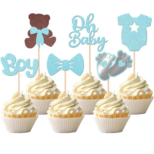 Vista 11 de 24 piezas de adornos para cupcakes con lazo con purpurina, vestido de luna Oh Baby para revelación de género, baby shower, fiesta de cumpleaños