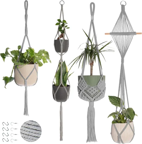 Vista 10 de Nook Theory Paquete de 4 Colgadores de Macramé para Plantas con 8 Ganchos - Macetas Colgantes para Plantas de Interior, Colgadores de Macramé Boho