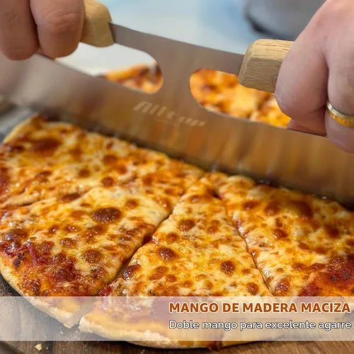 Vista 4 de ALLTOP Cortador de Pizza Basculante, Cuchillo de Hoja de Acero Inoxidable con Doble Mango de Madera y Cubierta de Plástico, Rebanadora/Picadora