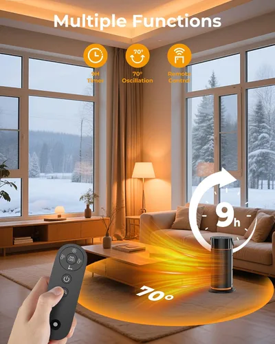 Vista 6 de Calentador eléctrico portátil – Calentadores de calor de cerámica PTC de 1500 W de seguridad rápida con control remoto, temporizador, oscilación
