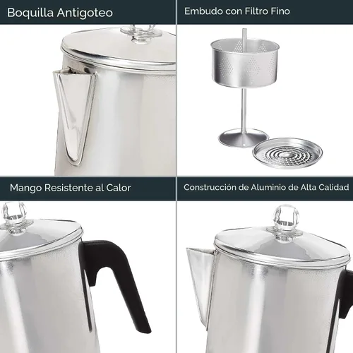 Vista 4 de Primula Today Cafetera de aluminio para percolación en la estufa, duradera, para preparar café en la estufa, 9 tazas, plateado