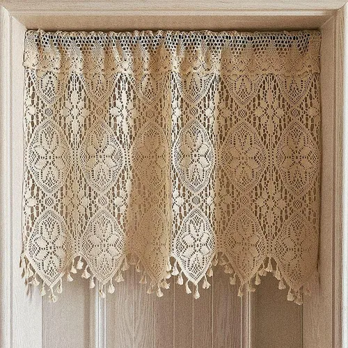 Vista 9 de Cenefa de cortina de ganchillo retro para ventana de cocina, cortinas bohemias para decoración de café, bolsillo para barra, cortinas cortas