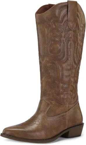Vista 18 de mysoft Botas vaqueras para mujer de media pantorrilla bordadas estilo occidental de punta puntiaguda con tacón grueso tipo pull-on hasta la rodilla