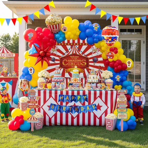Vista 8 de Decoraciones de fiesta de cumpleaños con temática de circo e incluyen guirnalda de globos rojos, azules y amarillos y globos de papel de aluminio