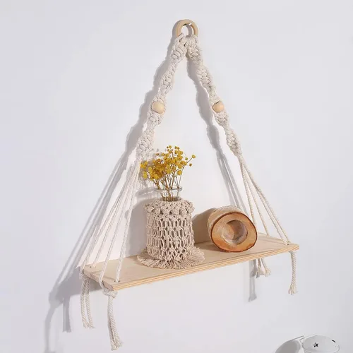Vista 7 de Artilady Estante colgante de pared de macramé con luz de hiedra artificial para almacenamiento Estantes de madera ajustables de 2 niveles