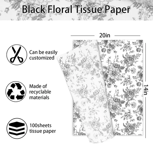 Vista 2 de JarThenaAMCS 100 hojas de papel de seda floral negro chinoiserie, papel de regalo de flores vintage, papel decorativo para manualidades, cumpleaños