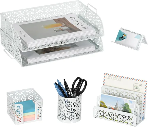 Vista 10 de EasyPAG Set organizador de escritorio 5 en 1 – Incluye 2 Charolas tamaño papel Carta, Clasificador de cartas, soporte de bolígrafos, recipiente