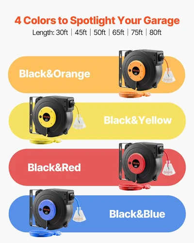 Vista 62 de VEVOR Carrete de cable de extensión retráctil de 25 pies resistente 14AWG Rojo
