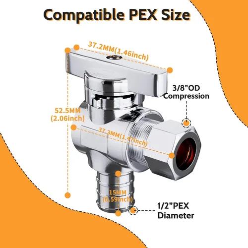 Vista 2 de TreMax Paquete de 10 válvulas de parada angular, compresión de 1/2 pulgada Pex x 1/4 pulgadas OD, compresión de 1/2 pulgadas Pex x 3/8 pulgadas