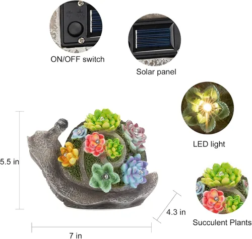 Vista 4 de pearlstar Estatuas de jardín, estatua solar de caracoles, decoración de jardín, bonitas figuras de caracoles de resina con 7 luces solares LED