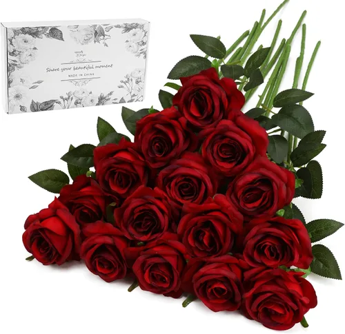Vista 12 de Rosas artificiales negras – 10 piezas de rosas artificiales falsas de seda con tallos para decoración del hogar, boda, hotel, oficina, centro de mesa