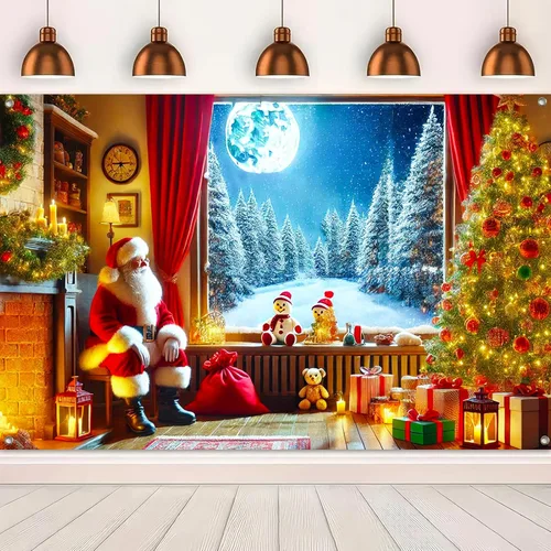 Vista 5 de BlissYard Pancarta Navideña para Ventana 71x43 Pulgadas Telón de Fondo de Noche Nevada con Chimenea de Santa, Árbol, Regalos, Farol, Cortina Roja
