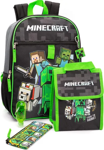 Vista 8 de Minecraft Mochila para niños de 5 piezas Creeper Zombie School Lunch Bag Gamer, Negro