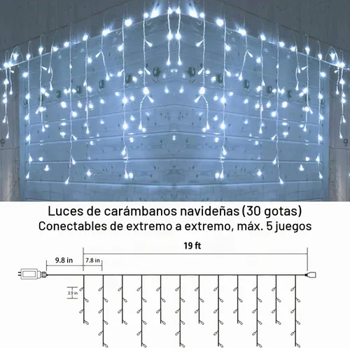 Vista 3 de Joomer Luces de carámbano de Navidad – Cadena de luces de 19 pies para exteriores impermeable, 8 modos de temporizador, conectable, tira de luces