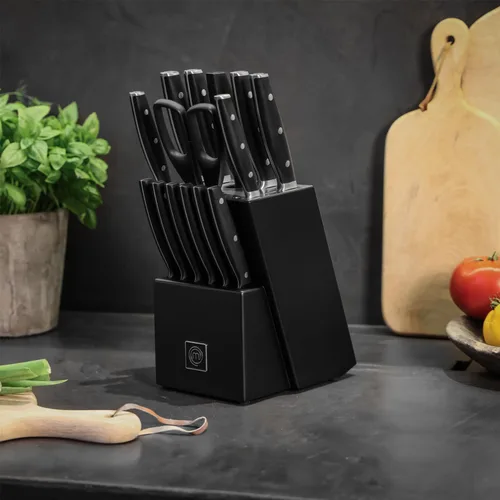 Vista 7 de Juego de cuchillos de cocina MasterChef con bloque y afilador más tijeras, juego de 15 cuchillos de chef de grado profesional con cuchillas de acero
